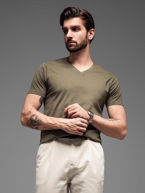 Ombre Clothing Khaki pánske základné tričko s výstrihom do V Ombre Clothing