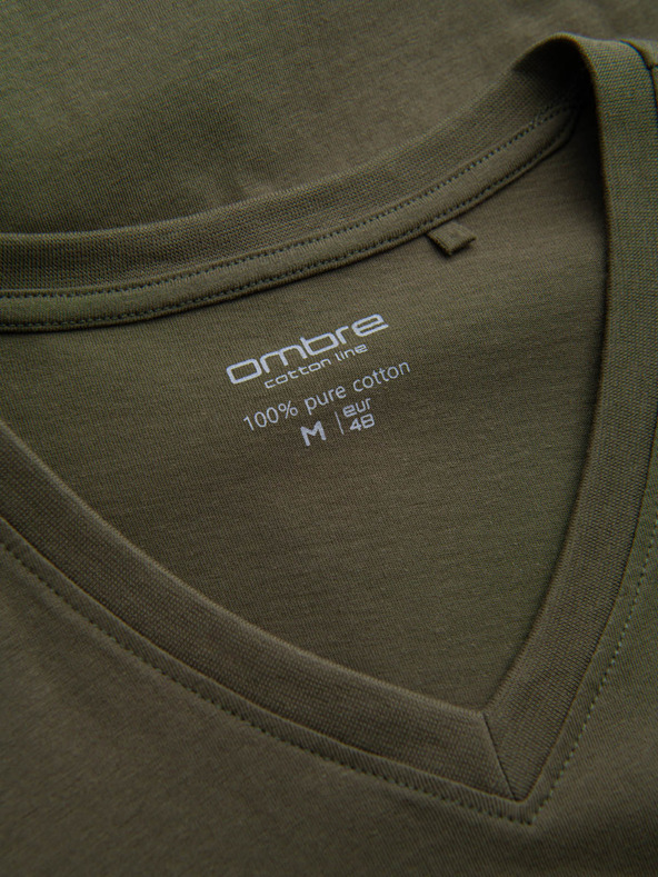 Ombre Clothing Khaki pánske základné tričko s výstrihom do V Ombre Clothing
