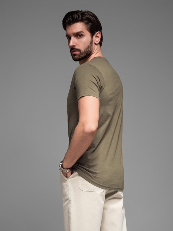 Ombre Clothing Khaki pánske základné tričko s výstrihom do V Ombre Clothing