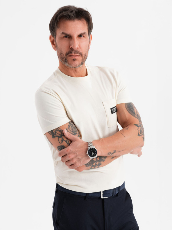 Ombre Clothing Krémové pánske tričko s vreckom Ombre Clothing