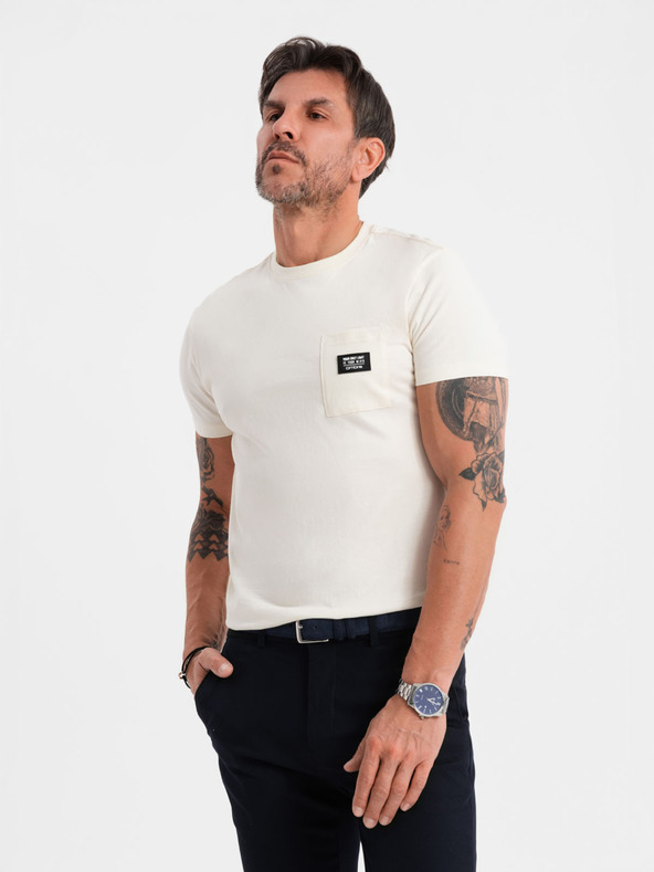 Ombre Clothing Krémové pánske tričko s vreckom Ombre Clothing