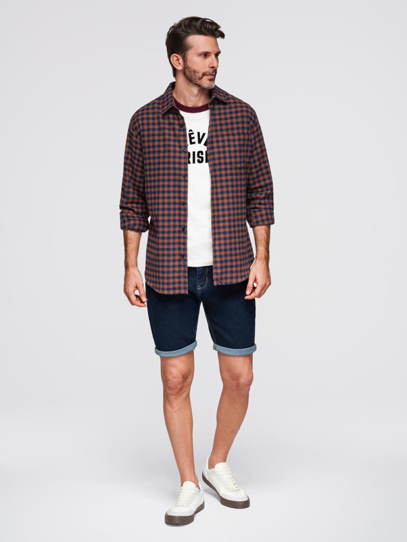 Ombre Clothing Tmavomodrá pánska kockovaná flanelová košeľa Ombre Clothing