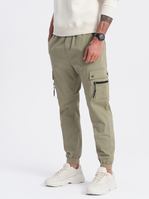 Ombre Clothing Khaki pánske cargo jogger nohavice Ombre Oblečenie