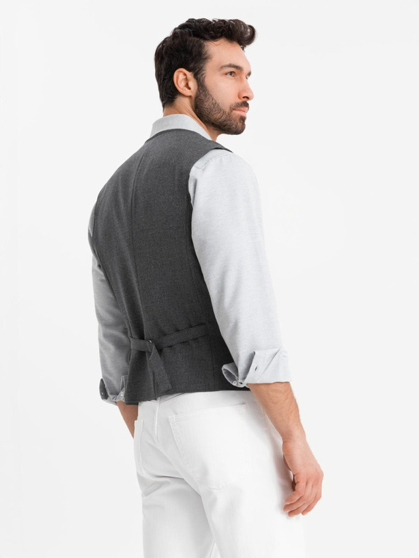Ombre Clothing Tmavosivá pánska obleková vesta s golierom Ombre Oblečenie