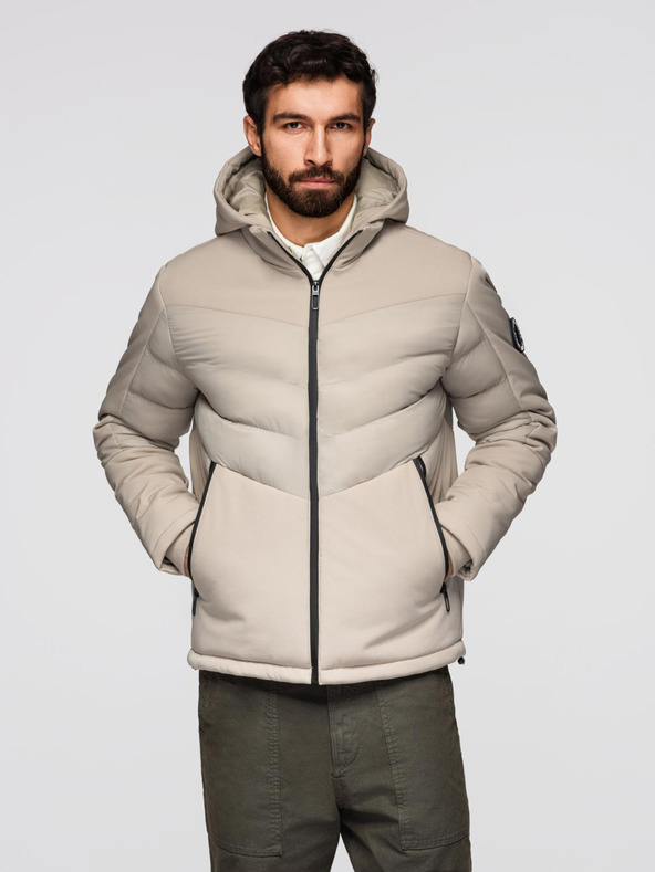 Ombre Clothing Pánska prešívaná bunda s vysokým golierom béžová Ombre Clothing