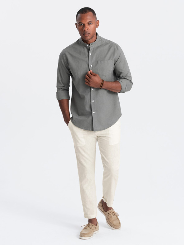 Ombre Clothing Krémové pánske chino nohavice so zmesou ľanu Ombre Clothing