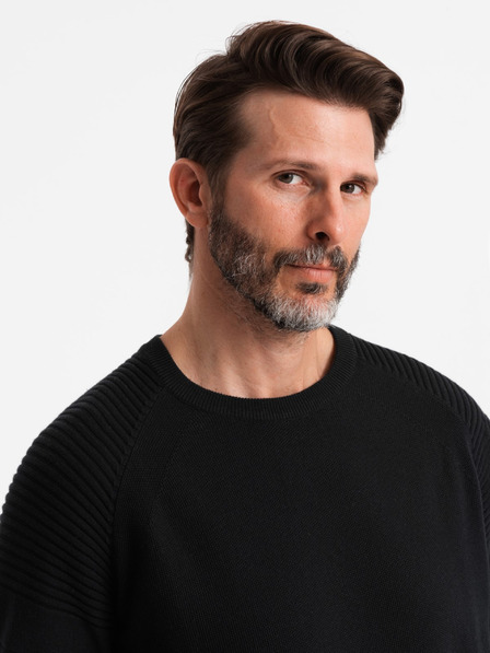 Ombre Clothing Pánsky raglánový sveter s rebrovanými rukávmi čierny Ombre Oblečenie