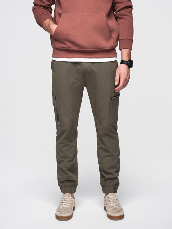 Ombre Clothing Pánske bežecké nohavice s vreckami a potlačou tmavo olivovo zelená Oblečenie Ombre