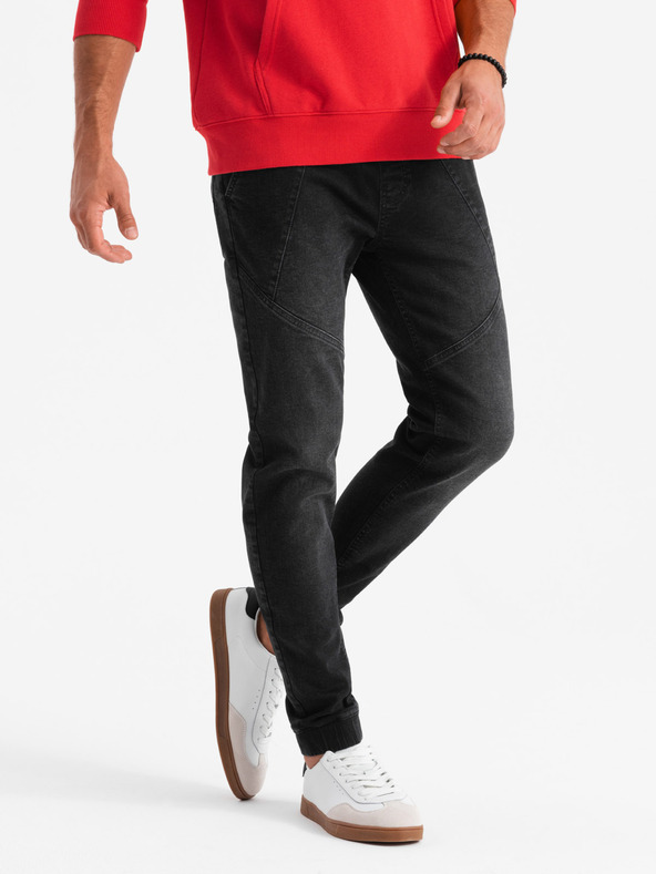 Ombre Clothing Pánske džínsové tepláky s asymetrickým prešívaním čierne Ombre Oblečenie