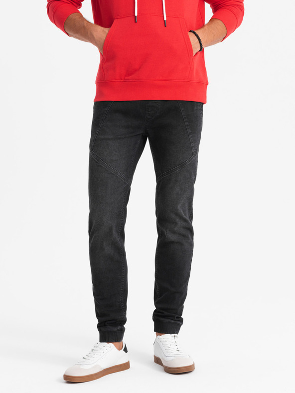 Ombre Clothing Pánske džínsové tepláky s asymetrickým prešívaním čierne Ombre Oblečenie