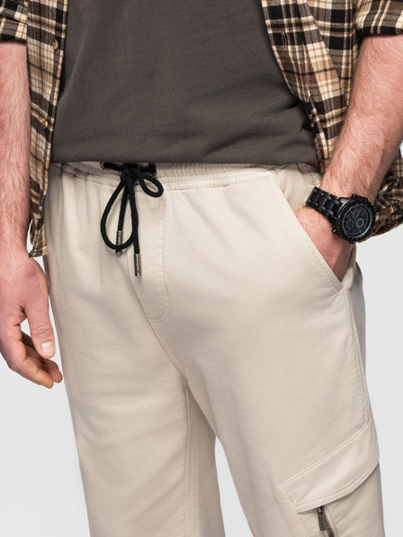 Ombre Clothing Pánske pletené tepláky s cargo vreckami krémové Ombre Clothing