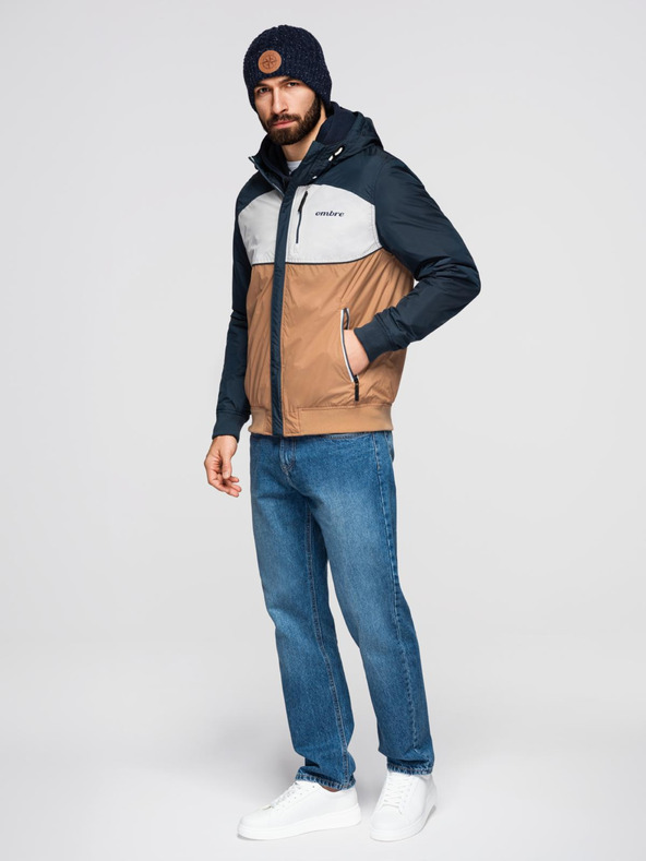 Ombre Clothing Pánska ľahká farebná športová bunda s fleecom hnedá Ombre Clothing