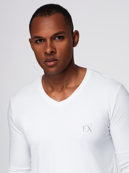 Ombre Clothing Pánske tričko SLIM FIT s dlhým rukávom a výstrihom do V s elastanom a potlačou biele Ombre Clothing