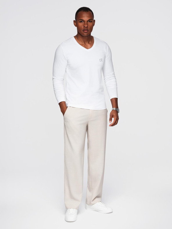 Ombre Clothing Pánske tričko SLIM FIT s dlhým rukávom a výstrihom do V s elastanom a potlačou biele Ombre Clothing