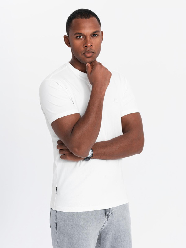 Ombre Clothing Pánske bavlnené tričko s trojfarebnou potlačou - biela a tmavomodrá V3 OM-TSCT-0174 Ombre Clothing