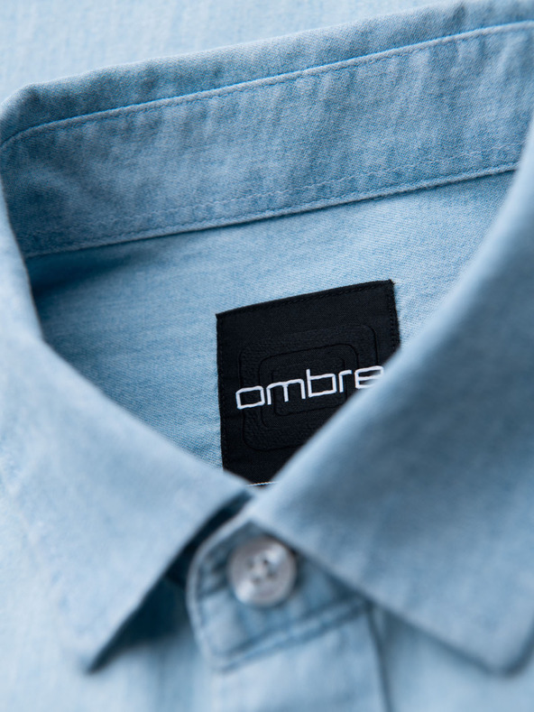 Ombre Clothing Pánska džínsová košeľa s vyšívaným vreckom - svetlomodrá Ombre Clothing