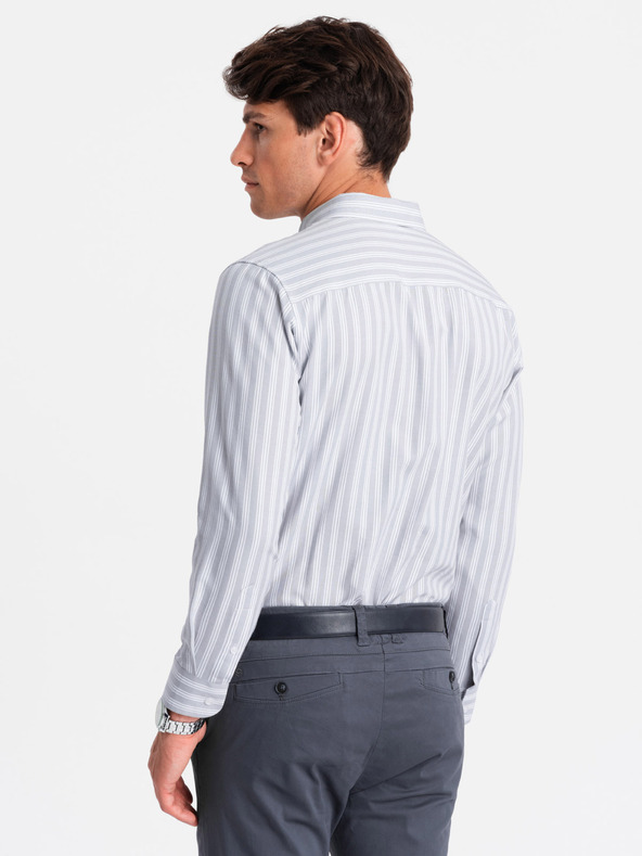 Ombre Clothing Pánska biela pruhovaná košeľa REGULAR FIT s vreckom Ombre Clothing