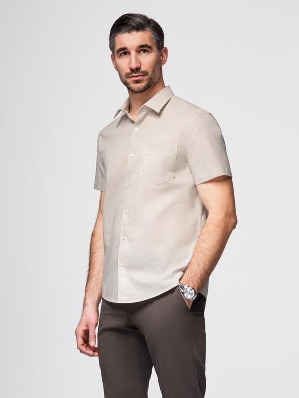 Ombre Clothing Pánska košeľa s krátkym rukávom a kubánskym golierom béžová Ombre Oblečenie