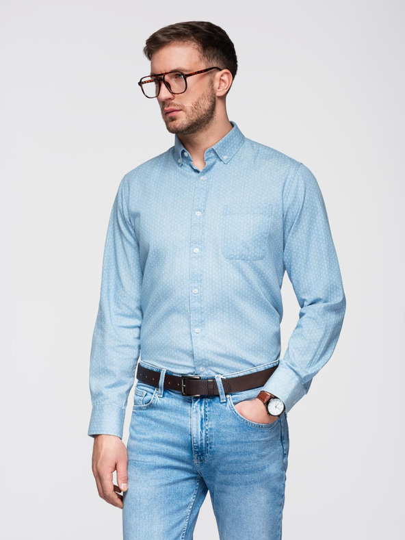 Ombre Clothing Pánske vzorované jemné džínsové tričko s vreckom - svetlomodré Ombre Clothing