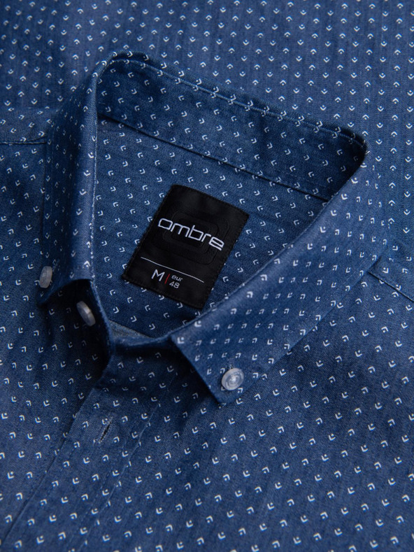 Ombre Clothing Pánska vzorovaná jemná džínsová košeľa s vreckom - modrá Ombre Clothing