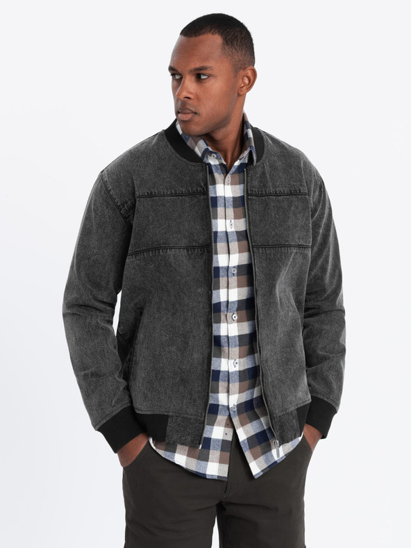 Ombre Clothing Pánska džínsová bunda bomber s efektom stone wash - čierna V2 OM-JADJ-0163 Ombre Clothing