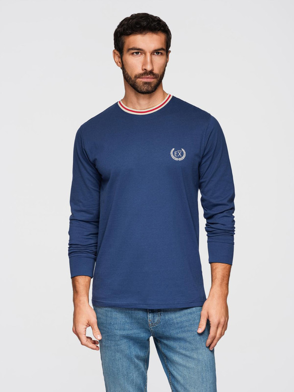 Ombre Clothing Pánske bavlnené tričko s dlhým rukávom, pruhovaným výstrihom do U a výšivkou Ombre Clothing