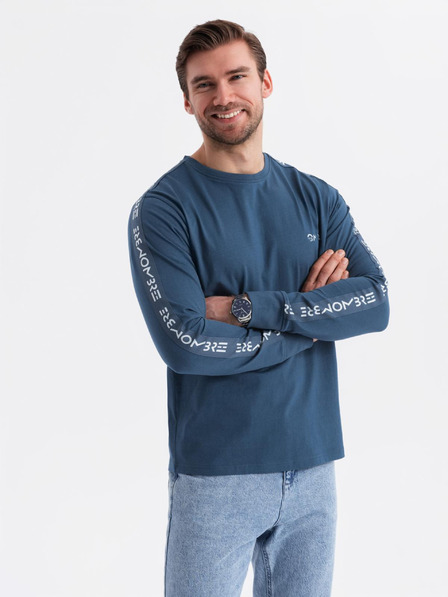 Ombre Clothing Pánske bavlnené tričko s dlhým rukávom a lemovaním a potlačou na hrudi Ombre Clothing