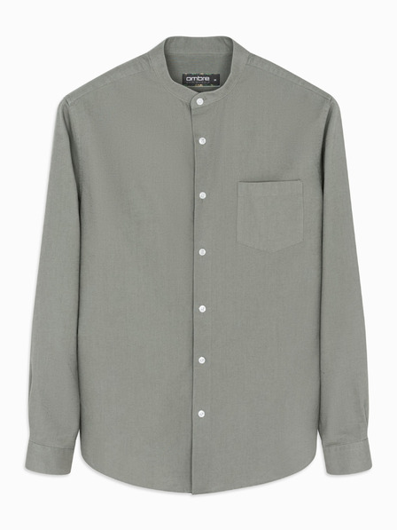 Ombre Clothing Pánska plátená košeľa so stojačikom a vreckom REGULAR FIT - khaki