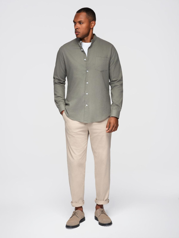 Ombre Clothing Pánska plátená košeľa so stojačikom a vreckom REGULAR FIT - khaki