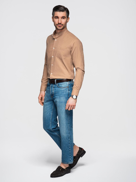 Ombre Clothing Pánska plátená košeľa so stojačikom a vreckom REGULAR FIT - svetlo hnedá