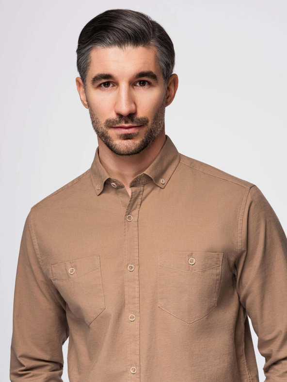 Ombre Clothing Pánska ľanová košeľa s klasickým golierom a vreckami REGULAR FIT - svetlo hnedá
