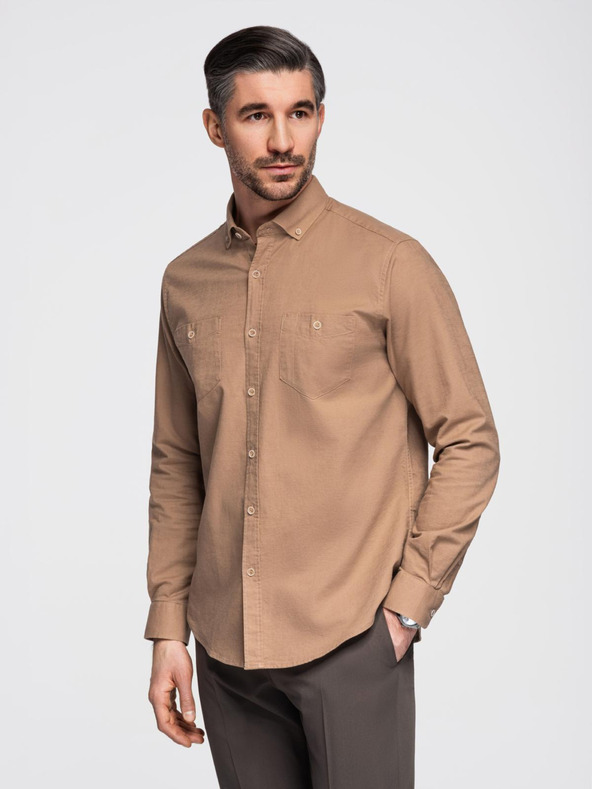 Ombre Clothing Pánska ľanová košeľa s klasickým golierom a vreckami REGULAR FIT - svetlo hnedá