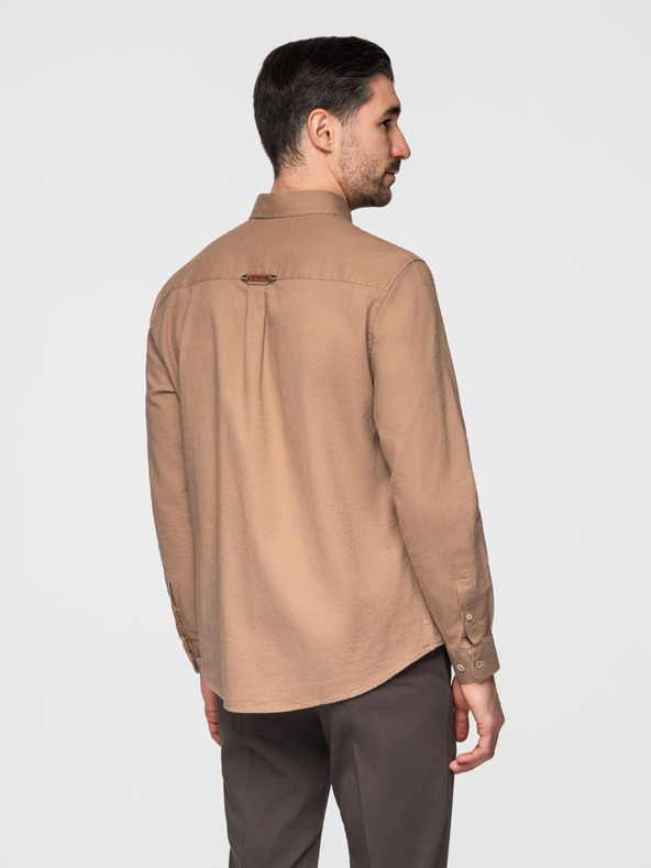 Ombre Clothing Pánska ľanová košeľa s klasickým golierom a vreckami REGULAR FIT - svetlo hnedá
