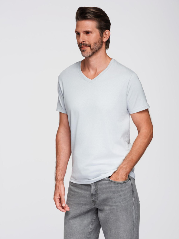 Ombre Clothing Pánske klasické bavlnené tričko BASIC s výstrihom - svetlo sivé