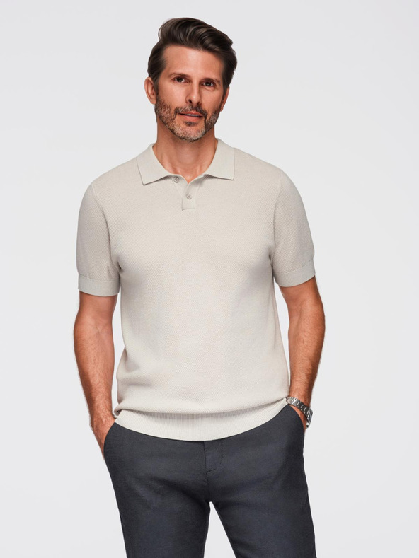 Ombre Clothing Pánske bavlnené polo tričko zo štruktúrovaného úpletu - béžové