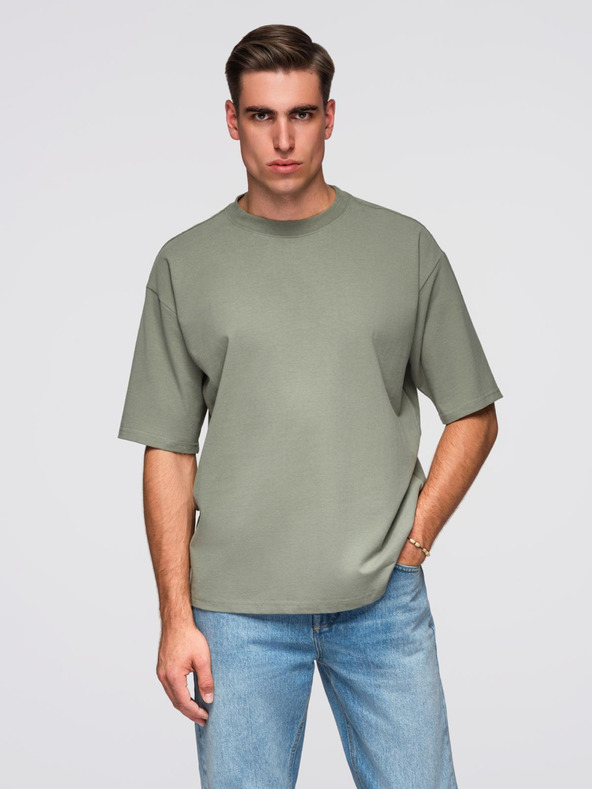 Ombre Clothing Pánske bavlnené tričko LOOSE FIT s okrúhlym výstrihom - khaki