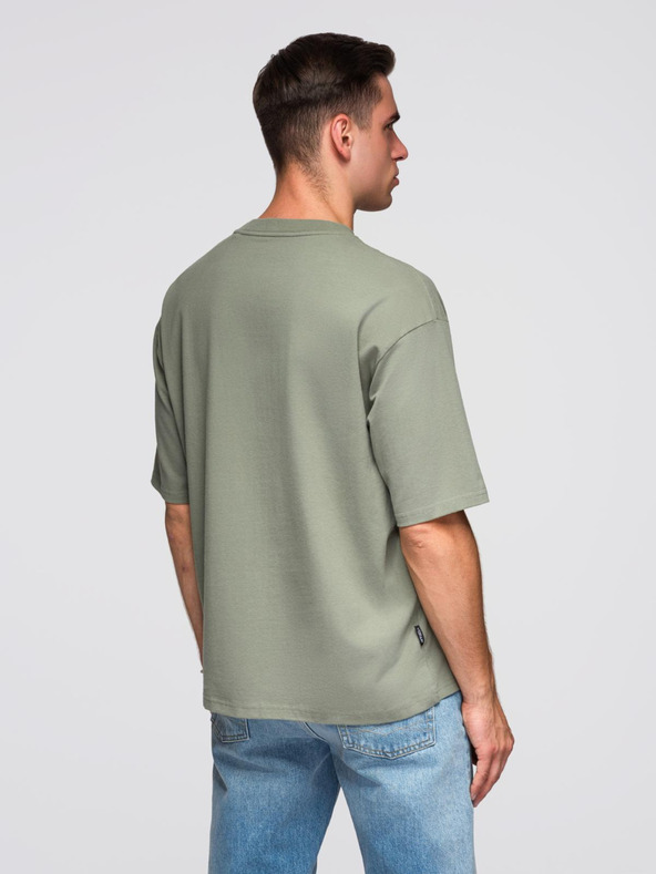 Ombre Clothing Pánske bavlnené tričko LOOSE FIT s okrúhlym výstrihom - khaki