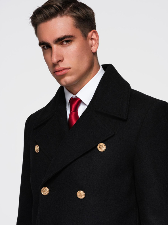 Ombre Clothing Elegantný vojenský dvojradový vlnený kabát pre mužov - čierny V1 OM-COWC-0145 Ombre Clothing