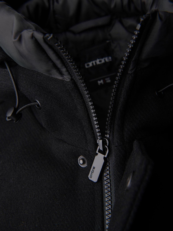 Ombre Clothing Pánsky vlnený kabát parka s kapucňou - čierny V1 OM-COWC-0132 Ombre Clothing