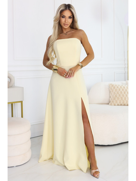 numoco ELARA Korzetové maxi šaty s rozparkom a viazaním na chrbte - masľová žltá