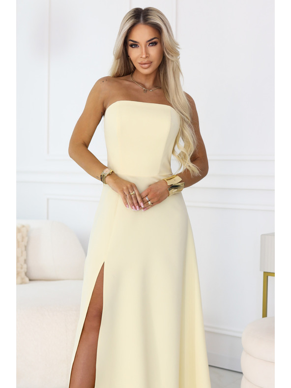 numoco ELARA Korzetové maxi šaty s rozparkom a viazaním na chrbte - masľová žltá