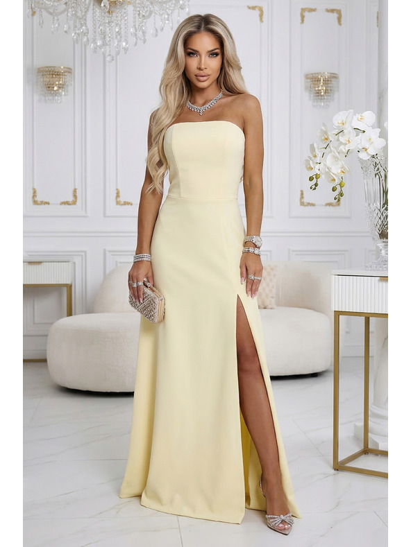 numoco ELARA Korzetové maxi šaty s rozparkom a viazaním na chrbte - masľová žltá