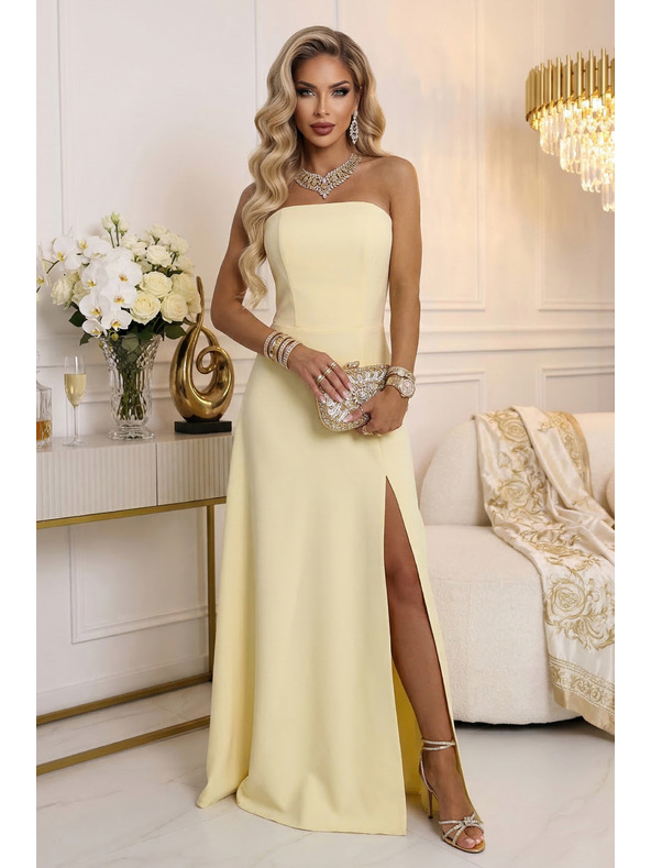 numoco ELARA Korzetové maxi šaty s rozparkom a viazaním na chrbte - masľová žltá