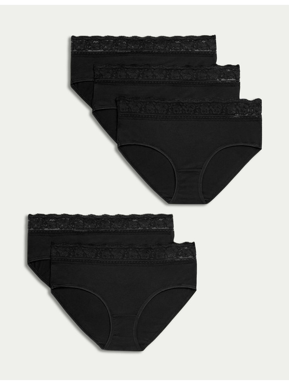 Marks & Spencer Čipkované midi nohavičky z bavlny a lycry, 5 balení Marks & Spencer čierna