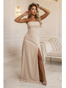numoco ELARA Korzetové maxi šaty s rozparkom a viazaním na chrbte - béžové