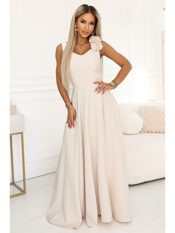 numoco Elegantné večerné maxi šaty s rozparkom a ružami - béžové