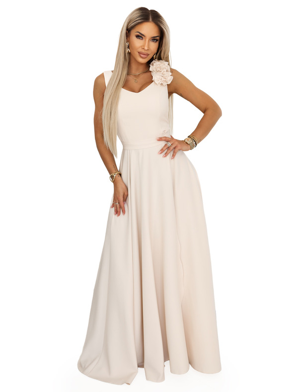 numoco Elegantné večerné maxi šaty s rozparkom a ružami - béžové