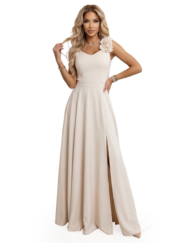 numoco Elegantné večerné maxi šaty s rozparkom a ružami - béžové