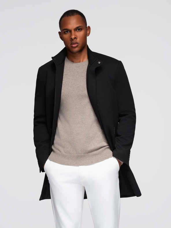 Ombre Clothing Pánsky vypasovaný štruktúrovaný kabát s vysokým golierom - čierny V1 OM-COWC-0136 Ombre Clothing