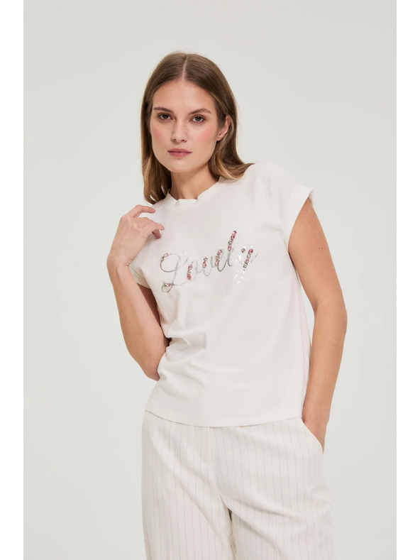 Moodo Tričko s potlačou a korálkami biele Moodo